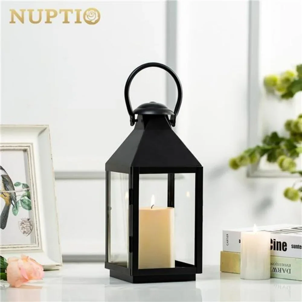 NUPTIO Black Metal Candle Lantern Hanging Table Decor Outdoor Centerpiece